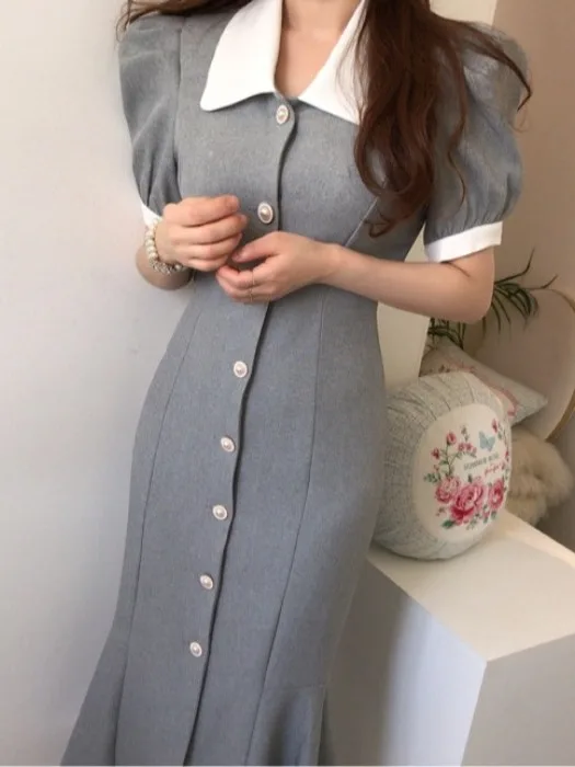 Vestido e de verano con cuello levdo, bloque de Color, ajustado, manga de burbuja, cola de pez, vestido de moda de...