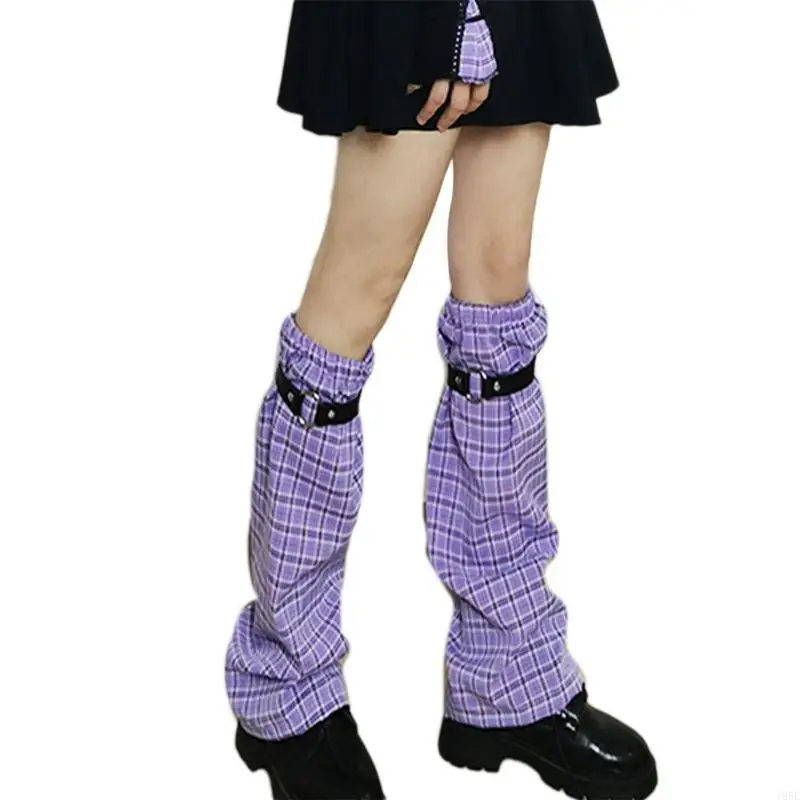 

195E Women Harajuku Plaid Check Print Leg Warmers with Faux Leather Ring Gothic Punk Foot Cover Socks Wide Leg Baggy