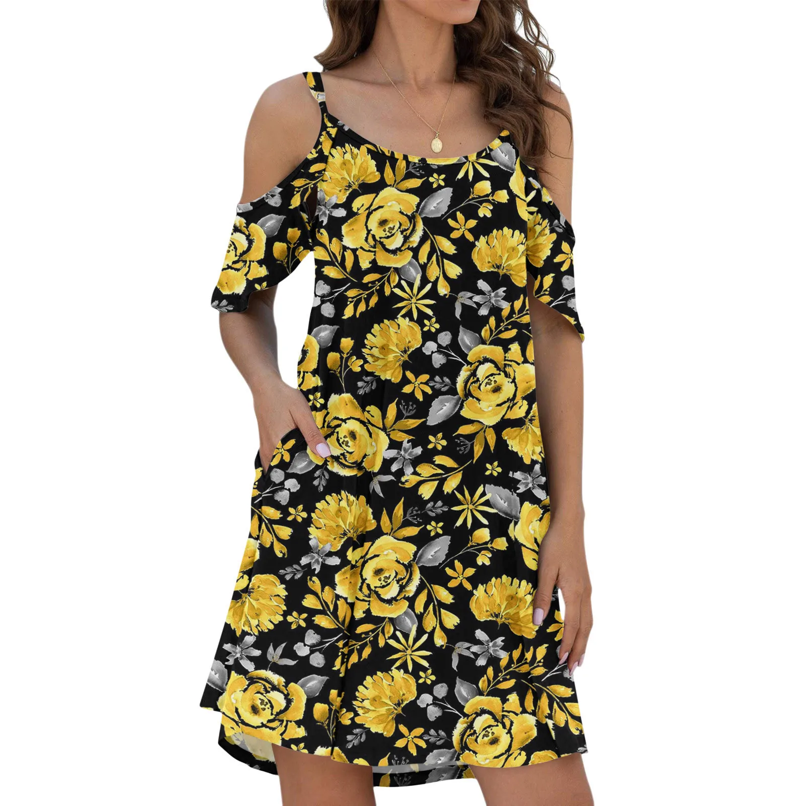 

Ladies Summer Sexy Printing Casual Dresses Off the Shoulder Suspenders Ruffle Edge Cuff Pocket Dress Elegant Loose Dresses