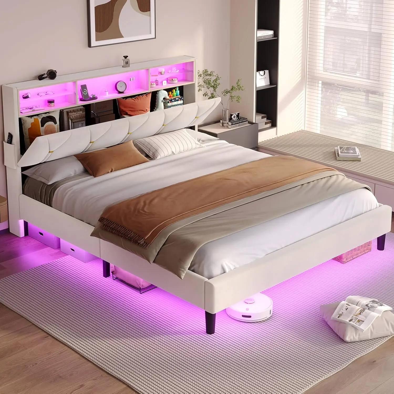 Queen Bed Frame Storage Headboard LED Light Platform Charging Station Velvet Upholstered No Box Spring Creamy White, Customized
