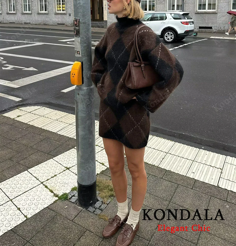 KKONDALA-Donna Casual Plaid Allentato Collo Alto Pullover Maglione O Minigonna Set Nuovo 2025 Nuovo Autunno Inverno Moda High Street Set