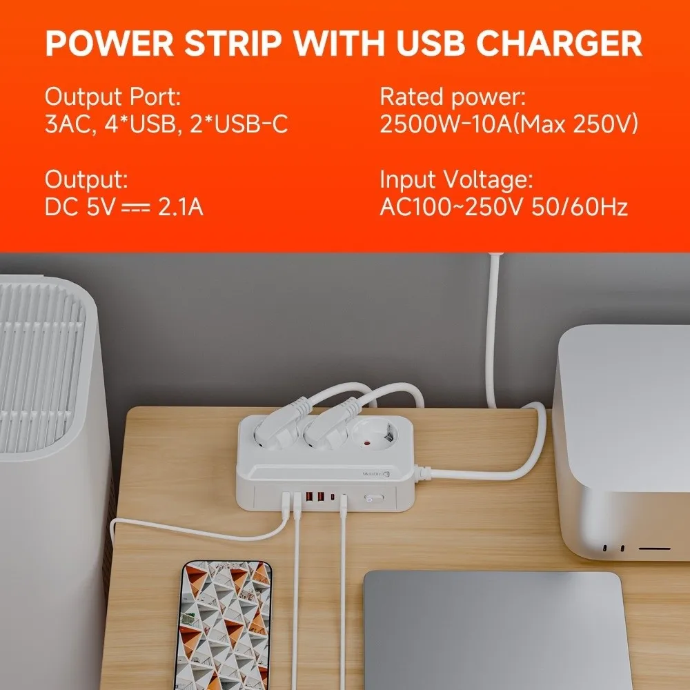 European Standard 2500W EU Plug Outlet Wall Mounted 9 Plugs Outlet Electrical Type-C Ports Universal Wall Power Home Offices
