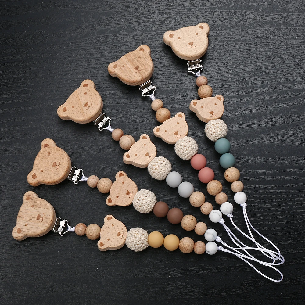 New  Wood Chew Silicone Beads Pacifier Clips Dummy Chain Holder Newborn Soother Chains Nipple Holder Infant Teething Toys Gifts