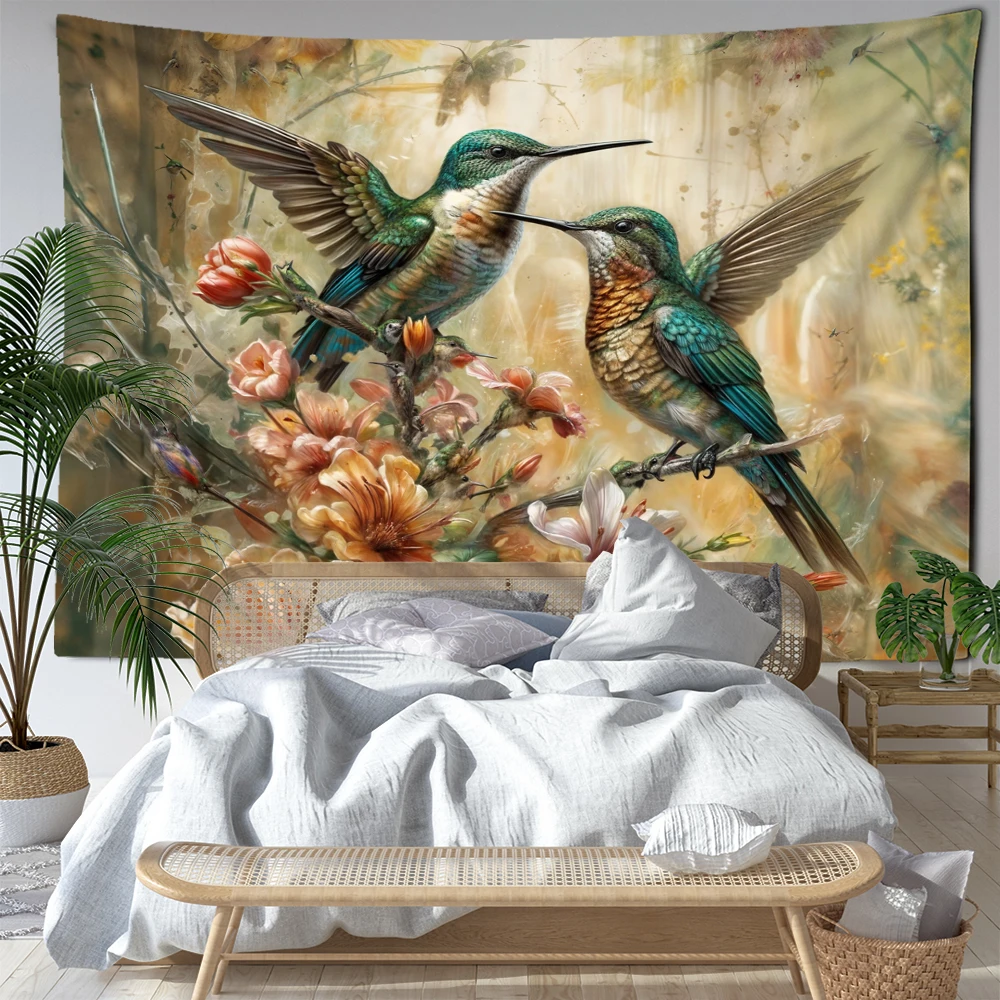 Vintage Flowers Hummingbird Tapestry Wall Hanging Plants Simple Art Bohemian Hippie Tapitz Living Room Bedroom Home Decor