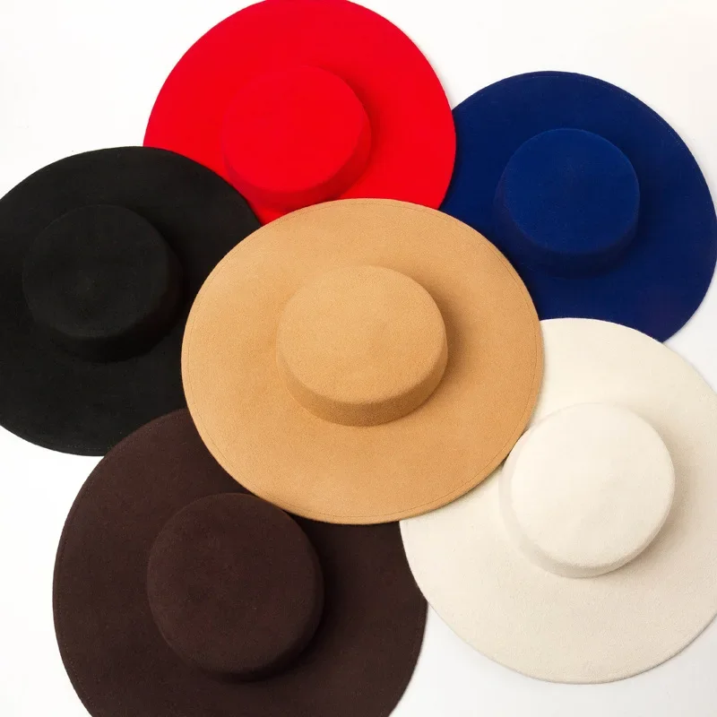 

European fashion retro light flat top big brim woolen top hat catwalk stage performance modeling felt big brim hat 6 color