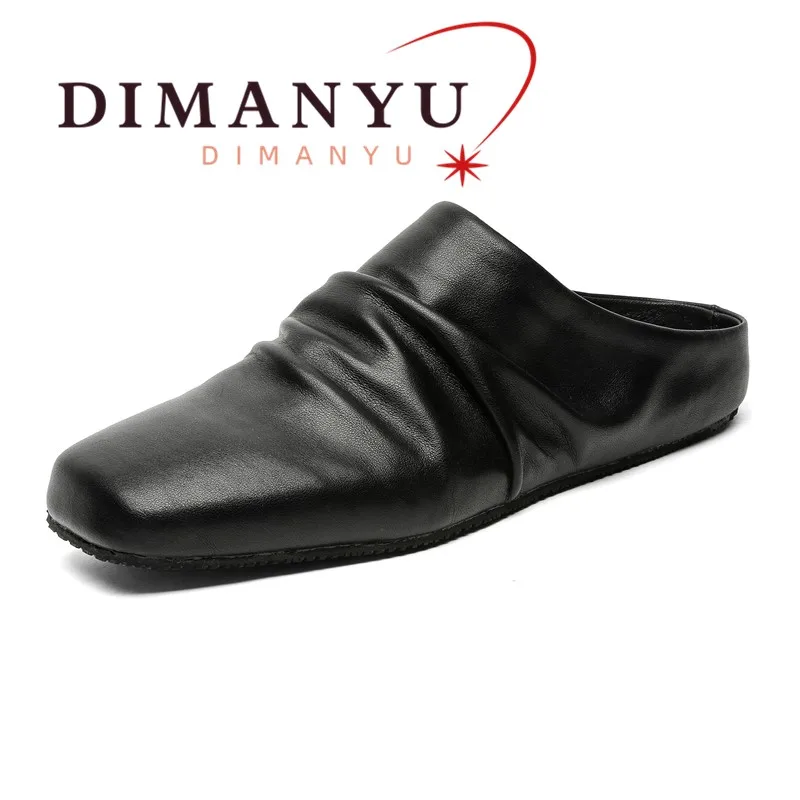 

DIMANYU Men's Mules 2026 New Spring and Autumn Square-Toe Pleated Loafers Men's Slip-On Flat Closed-Toe Slippers Men