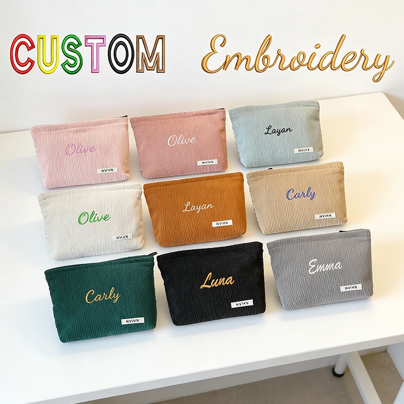 Custom Embroidery / Standard Version in Macaron Colors, High-Quality Thick Corduroy Fabric, Elegant Retro Makeup Bag, Storage Bag, Toiletry Bag, Suitable for Daily Storage, Business Trips, Vacations, Holiday Parties, Banquets, Wedding Venues, and Various Occasions, the Perfect Choice for Holiday Gifts