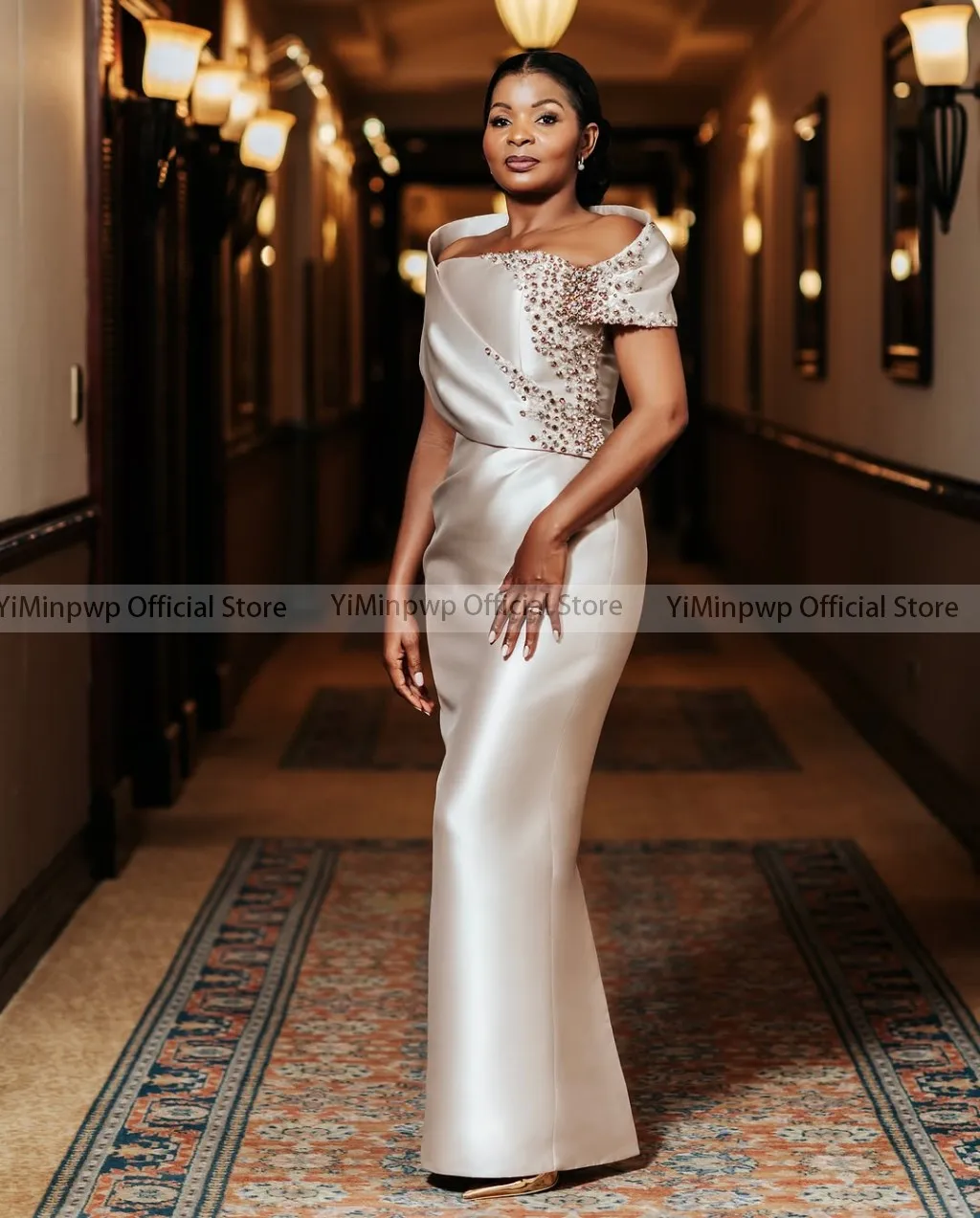Satin Mother of the Bride Dress For Wedding Off Shoulder Straight Rhinestone Satin Wedding Guest Dresses Floor Length Customized