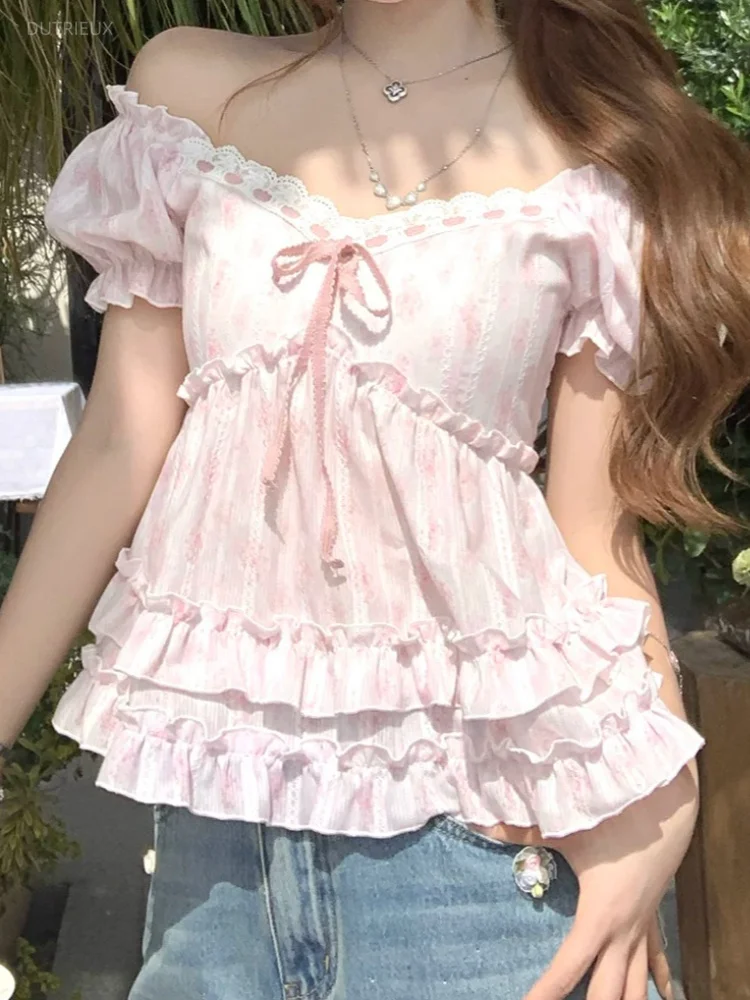 Sweet Temperament Flower Print V Neck Puff Sleeve Bow Ruffles Bandage Women Blouse