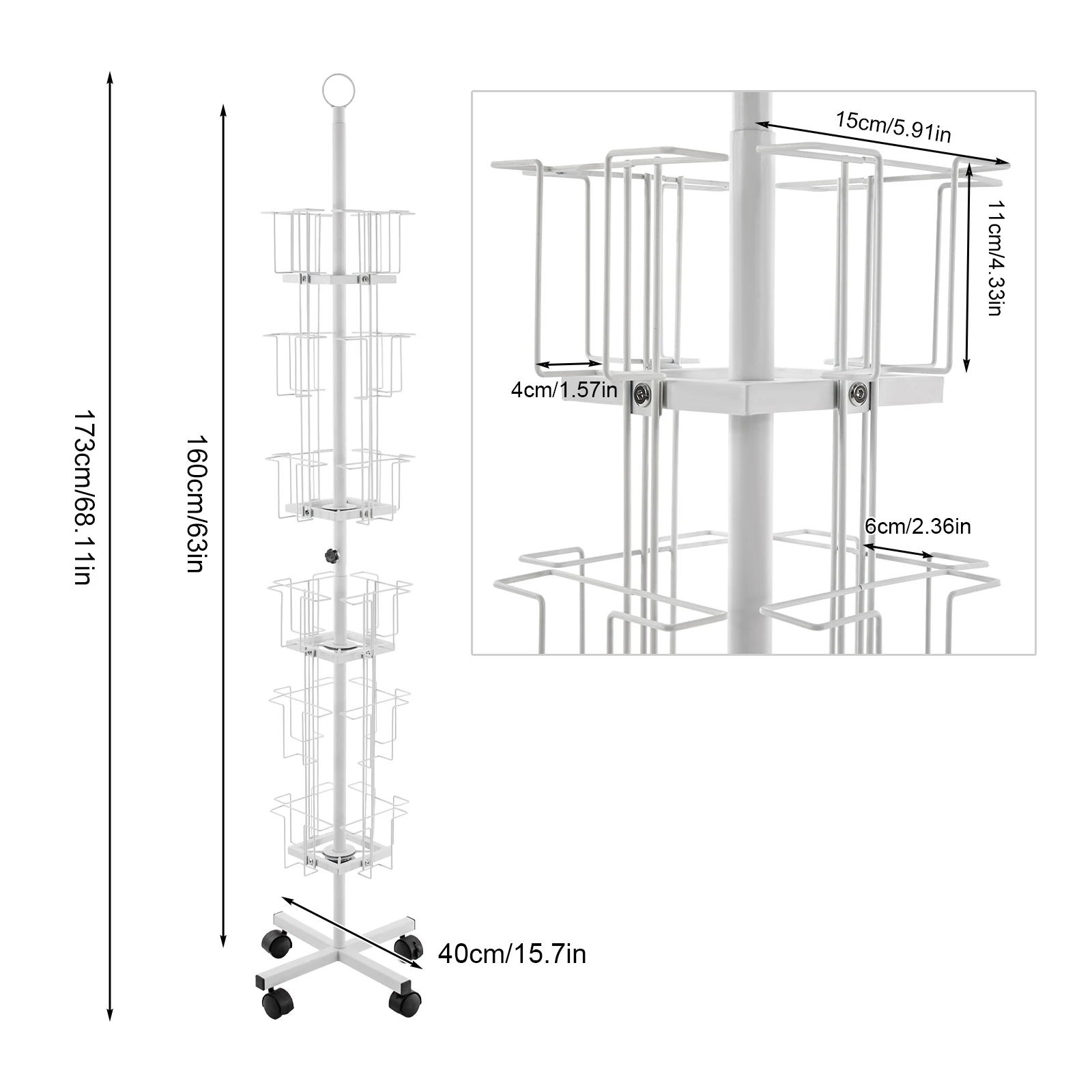 ชั้นวางการ์ดอวยพรเหล็กสีขาวสูง 1.73 เมตร 6 ชั้น ชั้นวางการ์ดแบบหมุน 24 ช่อง พร้อมล้อเบรก