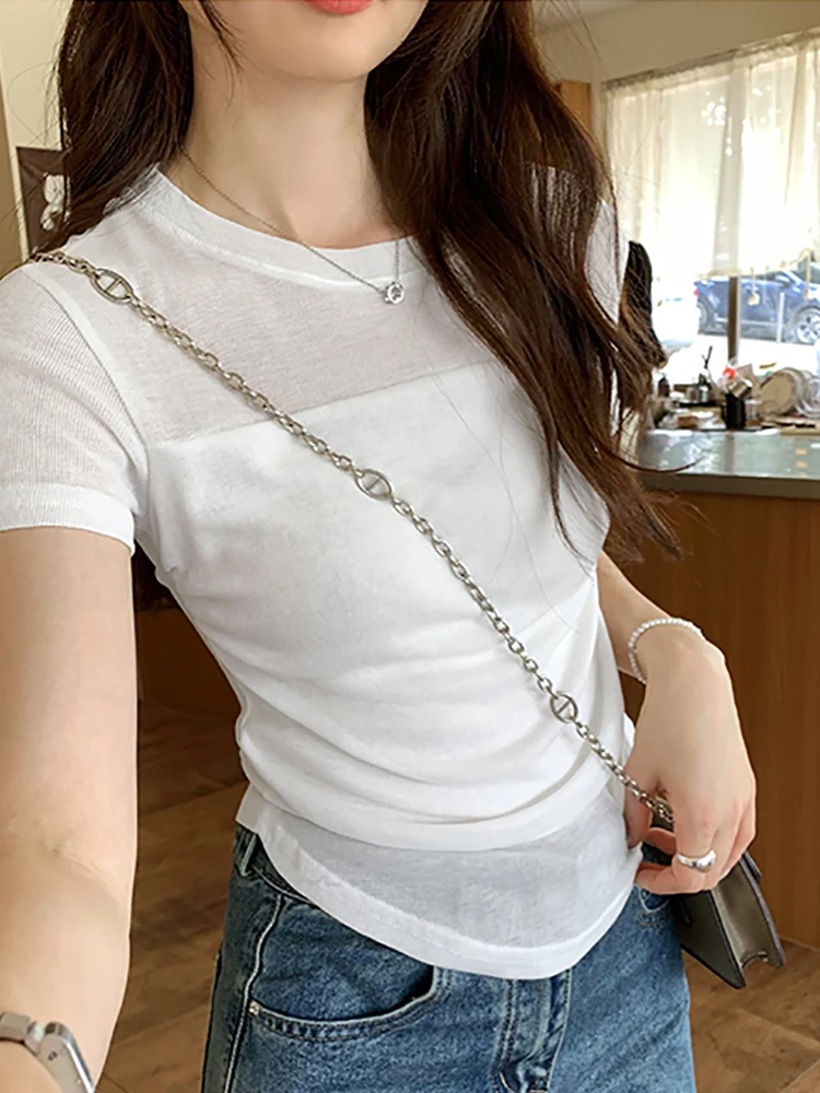 

White Short Sleeve T-shirt Women Summer Tops Thin Sexy Mesh Fabric Tshirt For Womans Slimming T Shirts Clothing Women's t-shirts