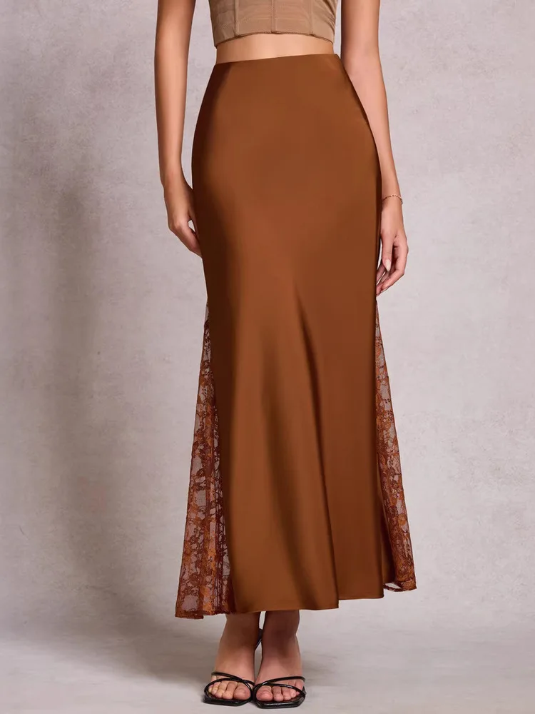 

Новинка 2026 года: Элегантная женская юбка-карандаш весна-лето с кружевными вставками, атласная, с завышенной талией, модная длинная юбка А-силуэта