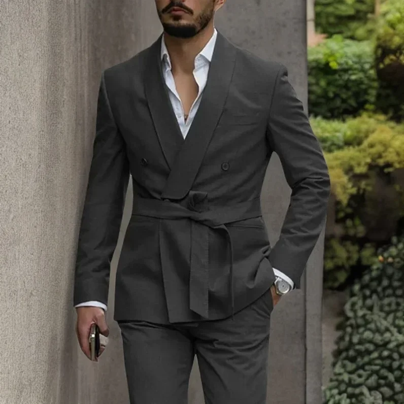 

Men Suits With Belt Shawl Lapel Wedding Tuxedo For Prom Slim Fit Double Breasted Groom Blazer Costume 2 Pcs (Jacket+Pants)