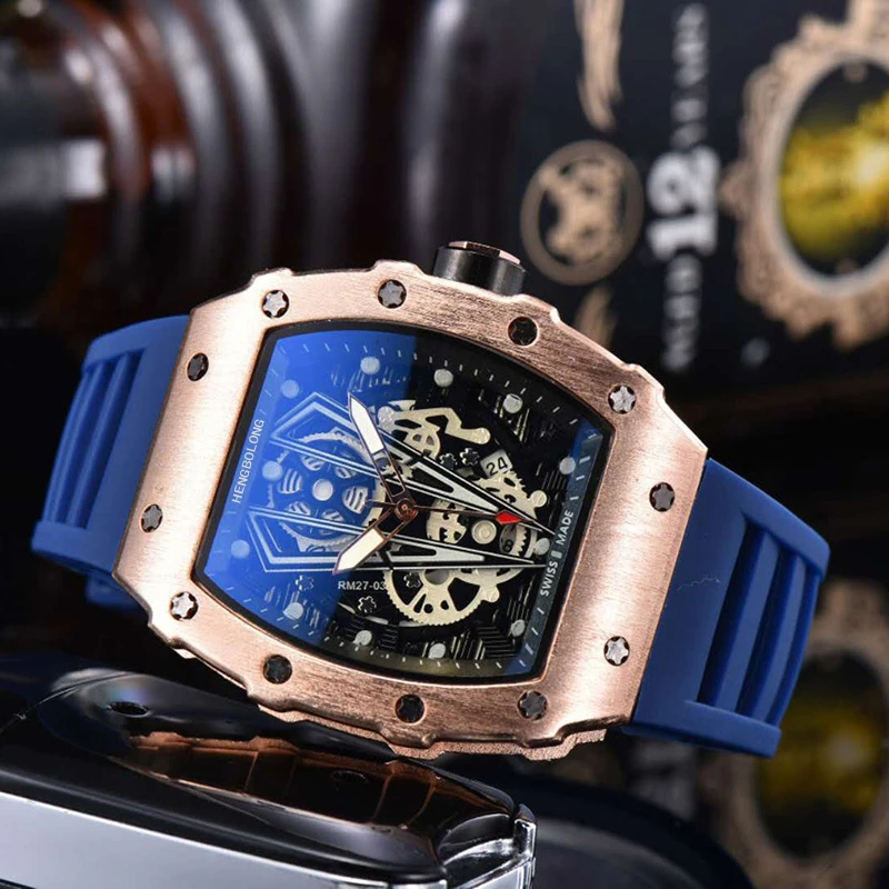 9791-B silicone strap square wine barrel large dial watch hollowed out surface calendar quartz watch for men and Students