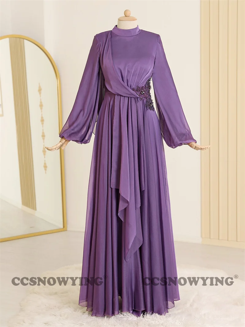 

Chiffon Appliques Beaded Muslim Evening Dresses Long Sleeve Islamic Formal Party Gowns High Neck Women Arabic Robes De Soirée