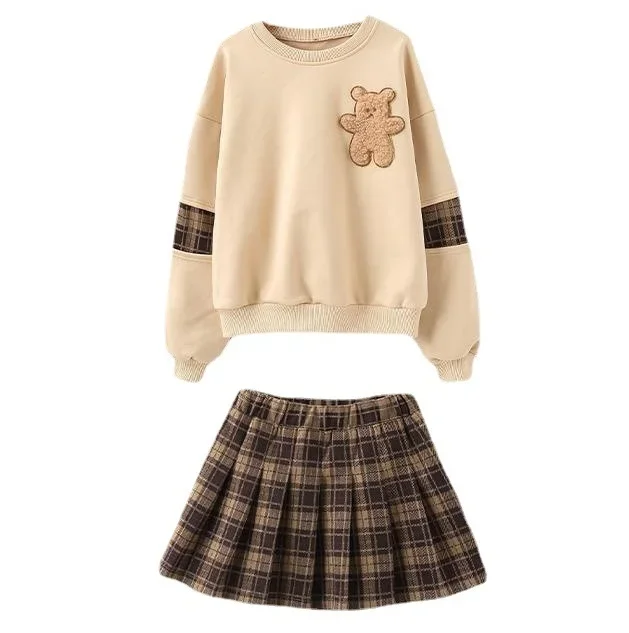autumn winter Girls Clothes teenager bear hoodie t shirt + plaid shorts JK pleated skirt uniform 4 5 6 7 8 9 10 11 12 years
