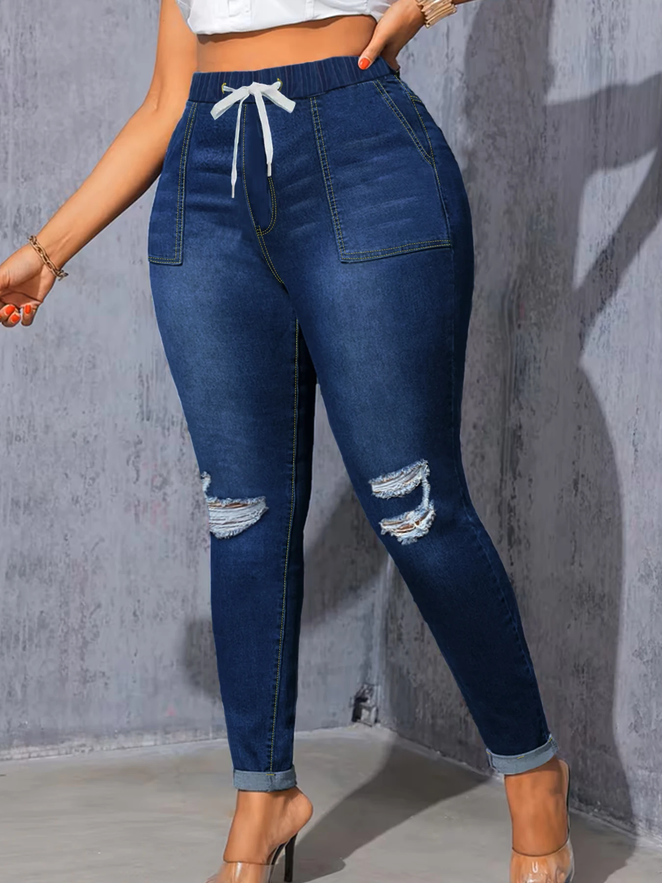 حجم كبير عالية الخصر سليم صالح الدينيم الجينز للنساء خمر ممزق متعرج بعقب مطاطا حجم كبير الجينز النسائية #5