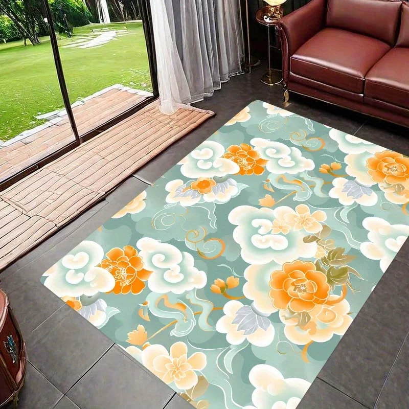 Floral Auspicious Clouds Design Polyester Carpet, Entryway Bedroom Room Mat, Non-Patchwork, PVC Backed, Machine Washable, Rectan