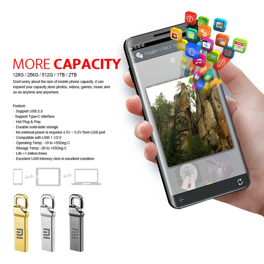 Xiaomi 2TB Pen Drive USB Flash Drive USB 3.0 Fast Type C Memory Stick High Speed Data 512GB Do komputerów Telefon PC Fast Pendrive