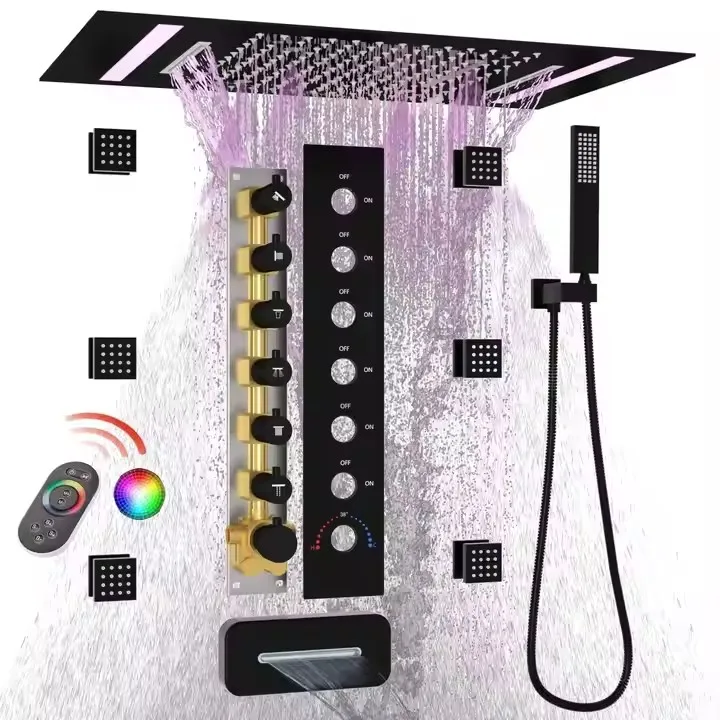 DULABRAHE Bathroom Luxury LED Matt Black Thermostatic Shower Set System Concealed Ceiling Big Rain Waterfall Showerhead Set