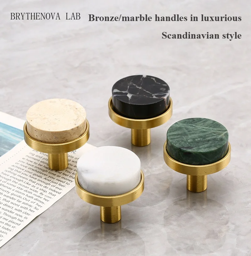 5pcs Marble brass handle round furniture wine cabinet bookcase European Drawer Door Handle Cave Stone Single Hole Handles