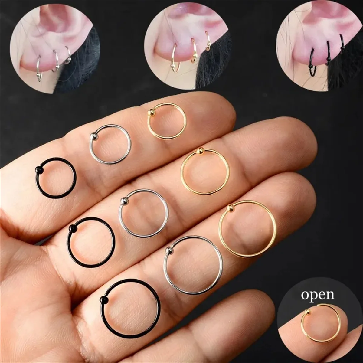 4Pcs 20G 316L Stainless Steel Captive Bead Rings Nose Rings Daith Tragus Cartilalge Hoop Earring Hypoallergenic Piercing Jewelry