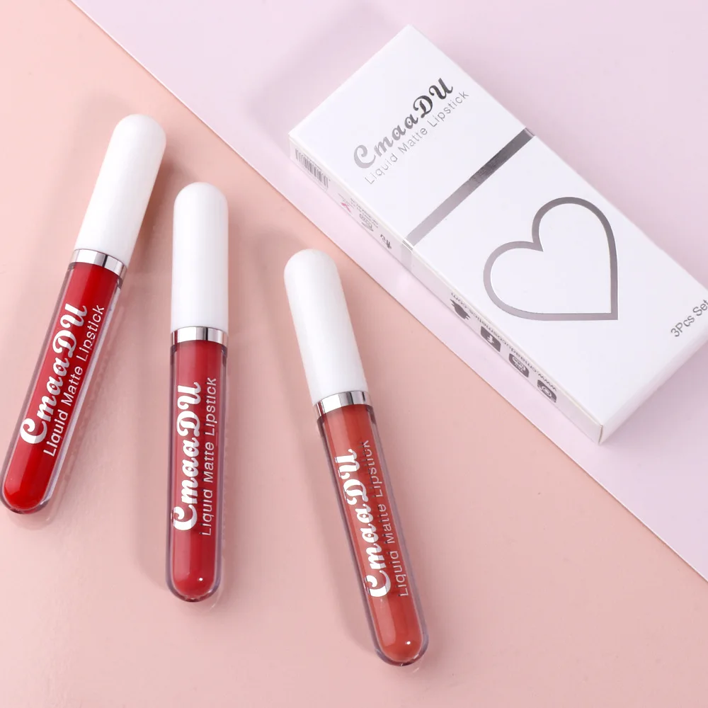 3 Color / Set Sexy Long Lasting Velvet Matte Liquid Lipstick Makeup Women Beauty Red Nonstick Cup Waterproof Lip stick Lip Gloss