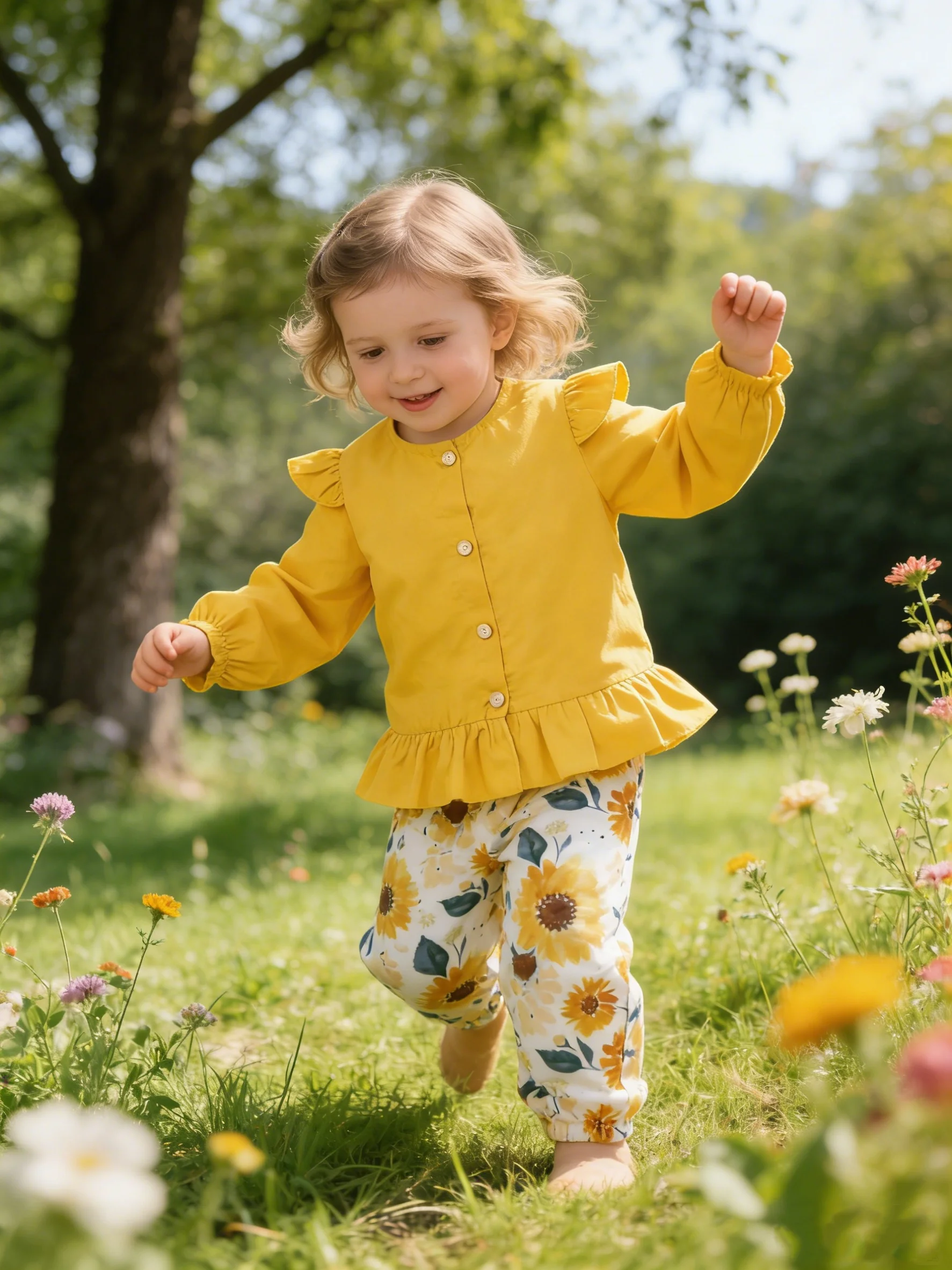

Весенне-осенний новый комплект для малышей с принтом подсолнухов: милый стильный желтый топ с кружевной отделкой + брюки с цветочным принтом, комплект из двух предметов