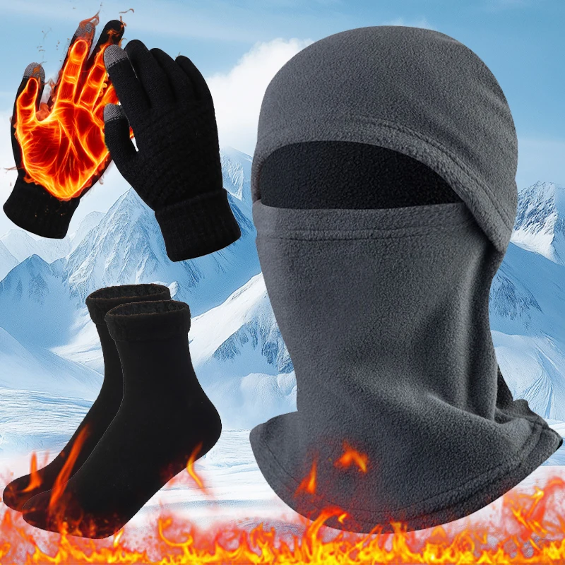 

Теплый комплект из трех предметов для улицы, оснащенный морозостойкой цельной шапкой, теплыми перчатками и плюшевыми носками, зимние принадлежности