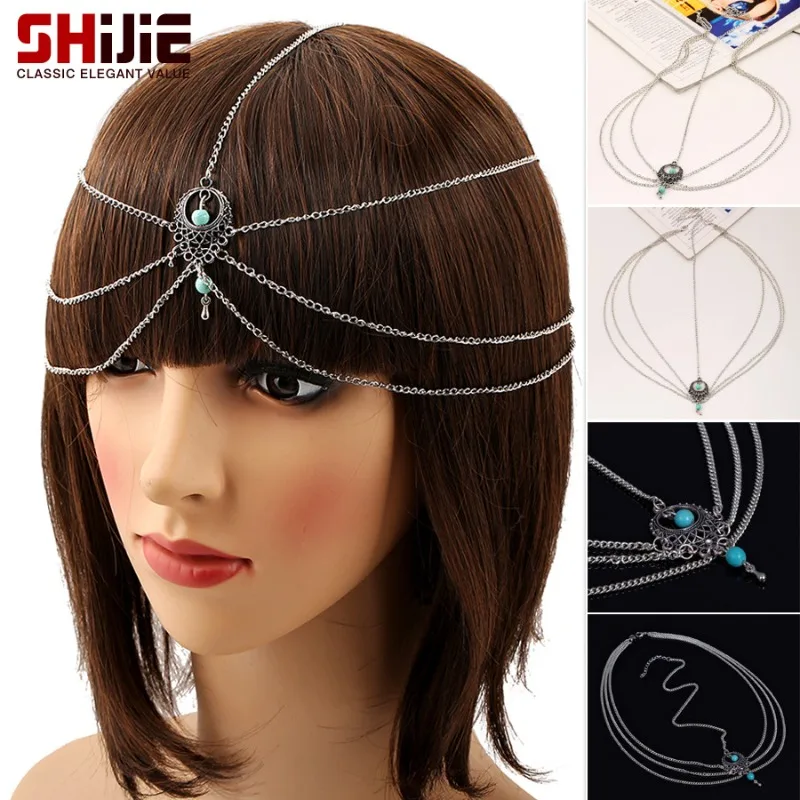 

Fashion Vintage Hollow Out Turquoise Drop Pendant Headband Hair Accessory