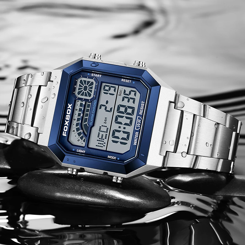 ساعات FOXBOX Fashion Square الرقمية للرجال رياضية عسكرية مقاومة للماء كوارتز للرجال كرونوغراف من الفولاذ المقاوم للصدأ