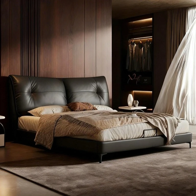 

Master bedroom luxury wind bed wedding leather bed Italian minimalist bedroom first layer cowhide soft bag modern storage