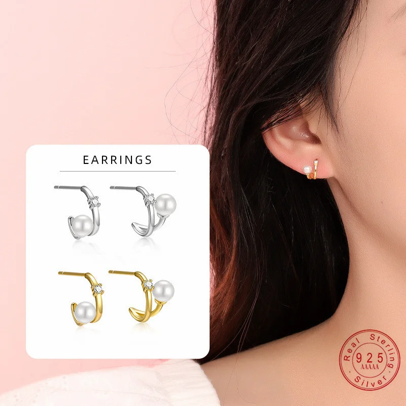 925 Sterling Silver Geometric Line Shell Pearl Earrings for Women Simple C-shaped Arc Zircon Temperament Earrings