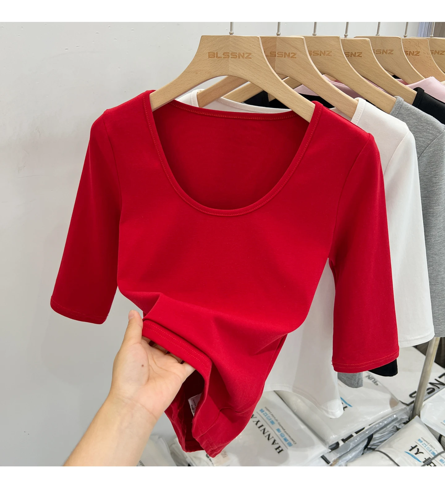 Zjaiss Women's White Base Top 2026 New U-Neck Three-Quarter Sleeve Tee for Spring & Summer Solid Versatile Casual Simple T-Shirt