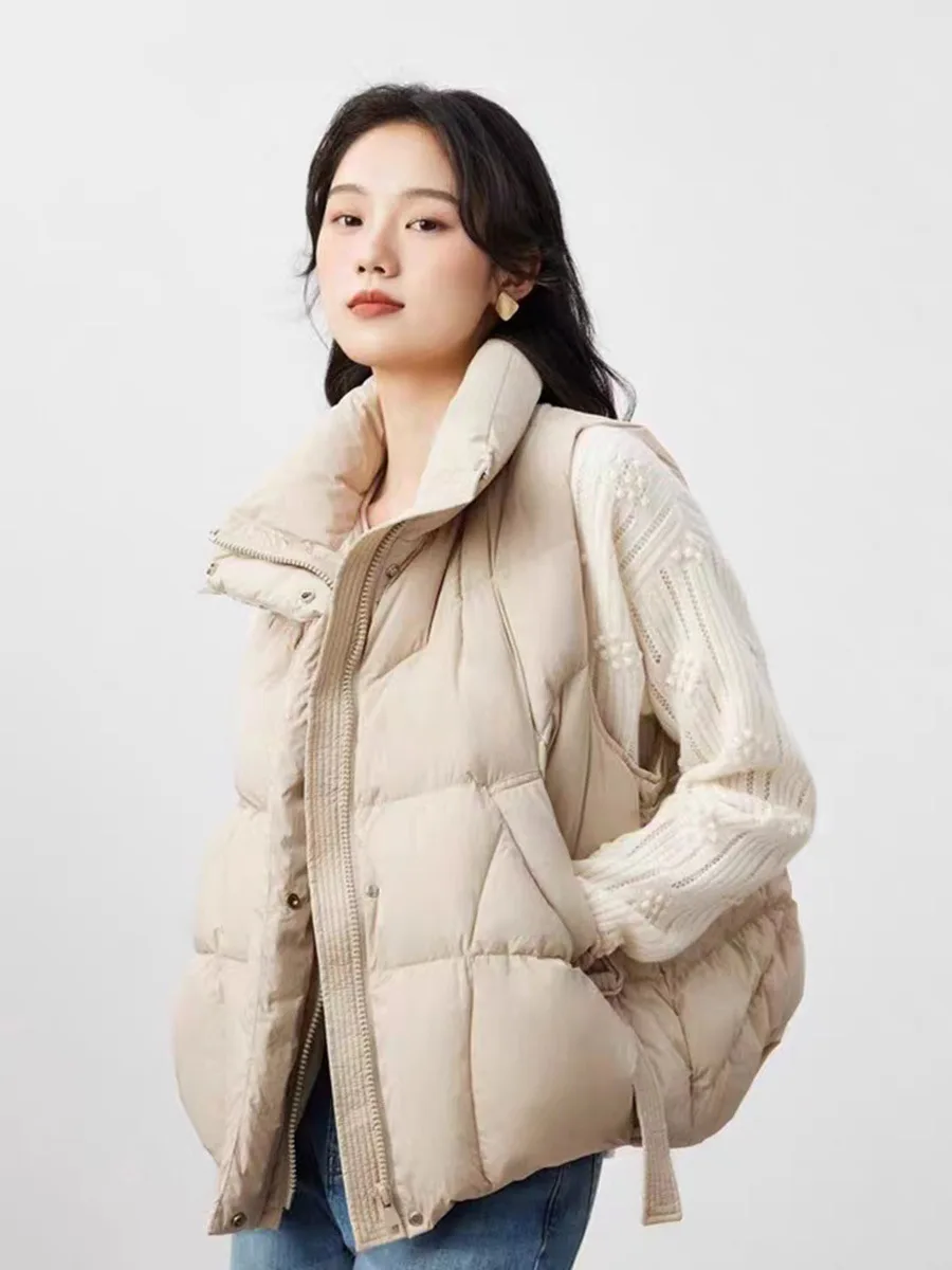 Lightweight White Duck Down Warm Waistcoat For Women Stand Collar Solid Color Vest Thick Coat Winter Casual Outerwear