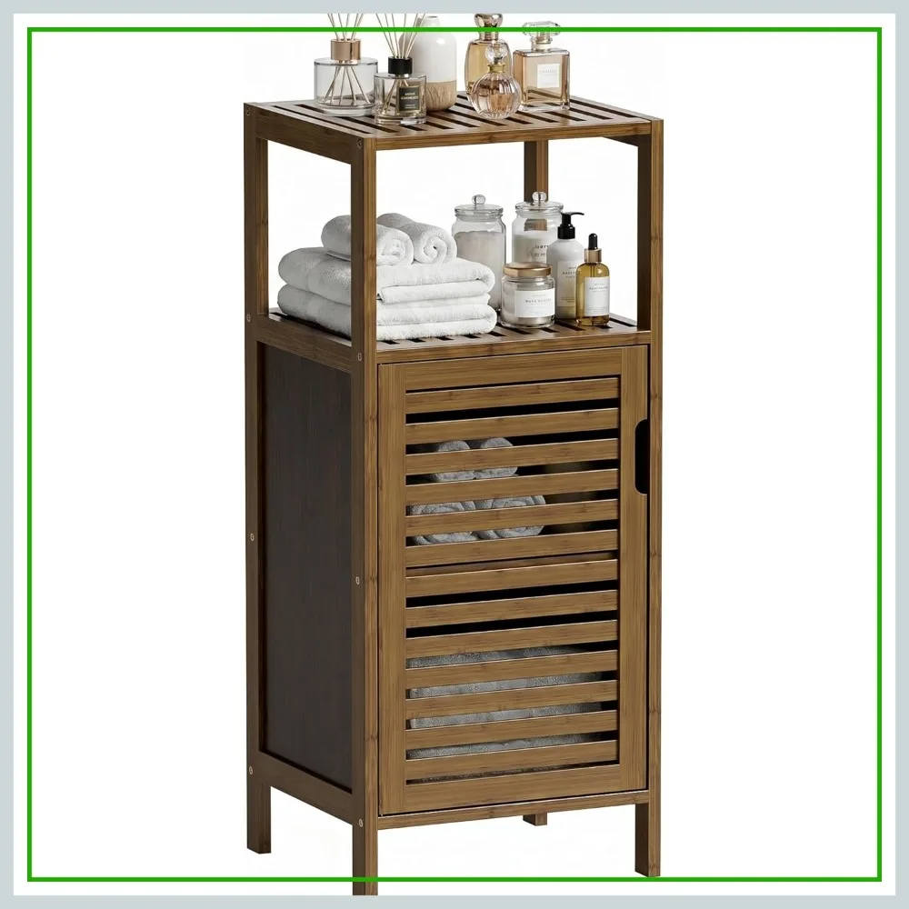 

Bamboo Floor Cabinet Free Standing, 4 Tier Side Storage Cupboard for Living Room Kitchen Entryway, Walnut