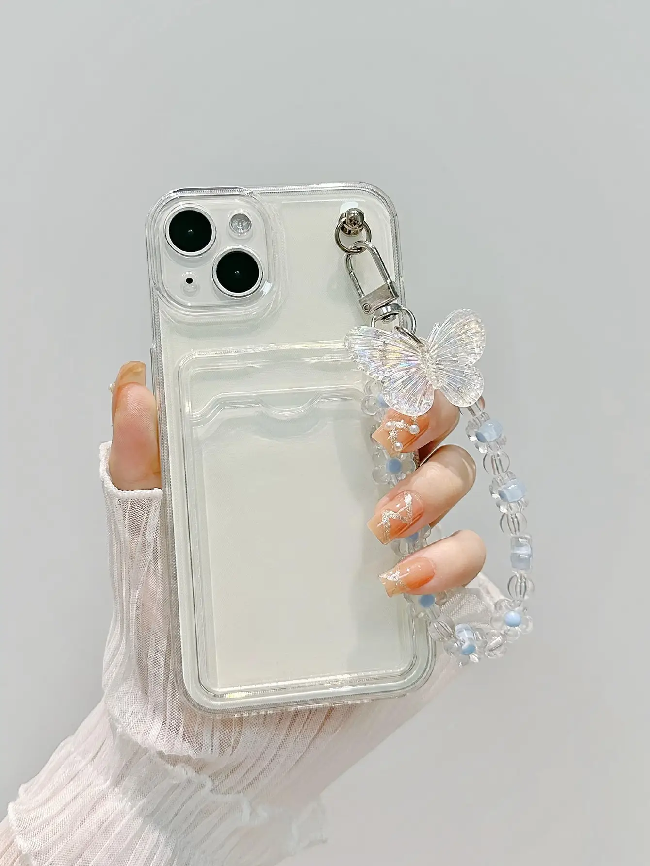 

Transparent Phone Case with Card Slot and Iridescent Butterfly Charm Lanyard