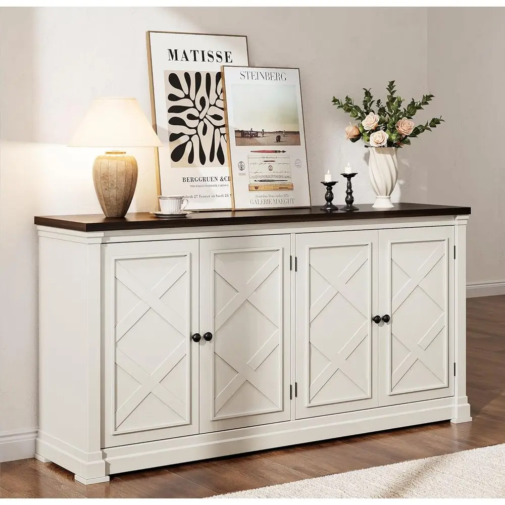 

63 Large Sideboard Cabinet with 4 Barn Doors, Adjustable Shelves, Wood Coffee Bar Station for Kitchen or Living Room in White
