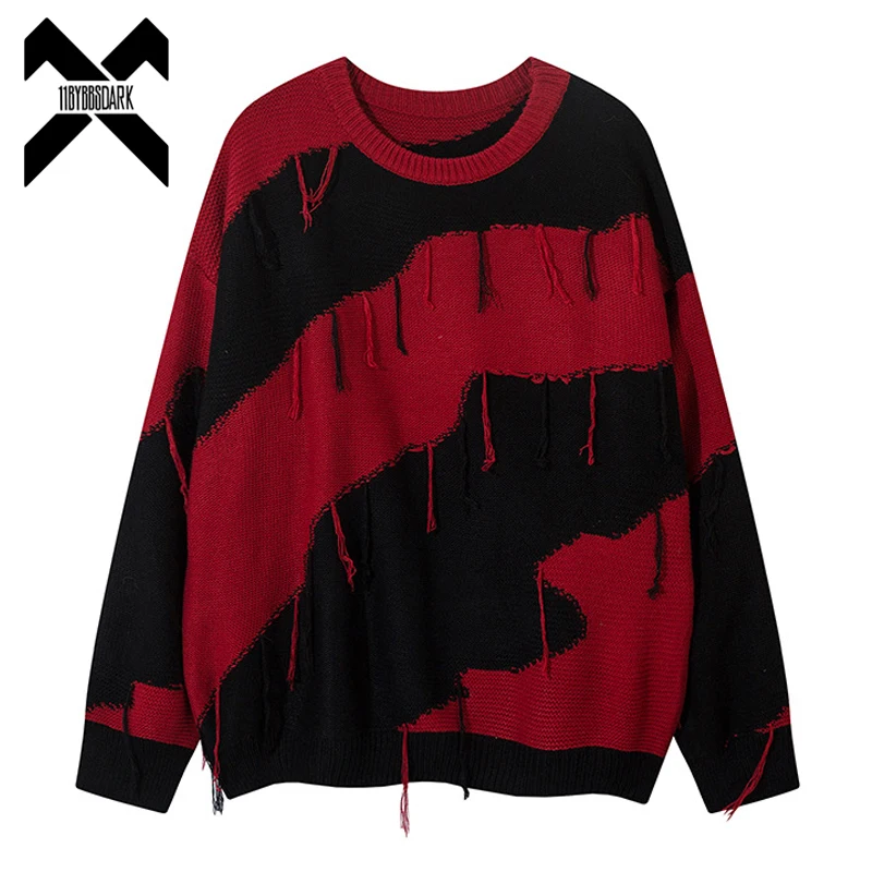 

2024 Men Streetwear Sweater Color Block Patchwork Knitted Sweater Tassel Hip Hop Pullover Knitwear Hipster