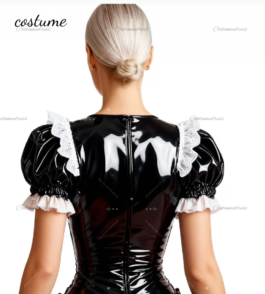 Erschwingliches schwarzes Maidcore-Abendkleid, sexy, kurzärmeliges Mini-PVC-Abschlussballkleid 2026, Halloween-Kostüm, Junggesellenabschied, Geburtstag