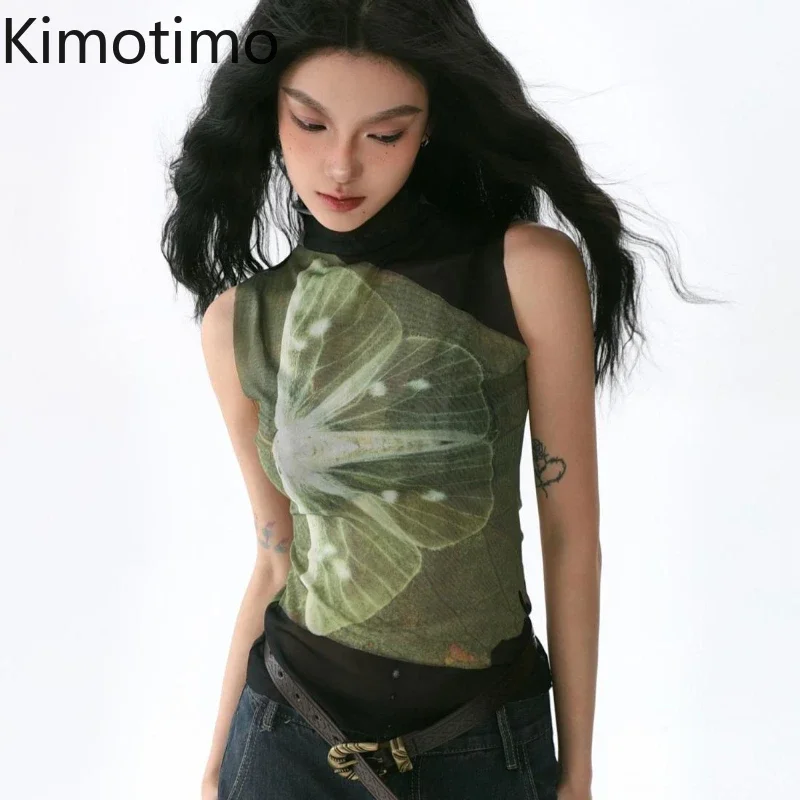 Kimotimo Y2k Mesh Tops Butterfly Print Turtleneck Sleeveless Tshirts 2025 Summer Retro Grunge Aesthetic See Through Tanks Vest