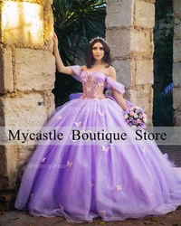 Vestido De encaje Morado para quinceañera, traje De baile con lazo y espina De pescado, hombros descubiertos, con cordones, para fiesta De cumpleaños, 15 Años, 2024