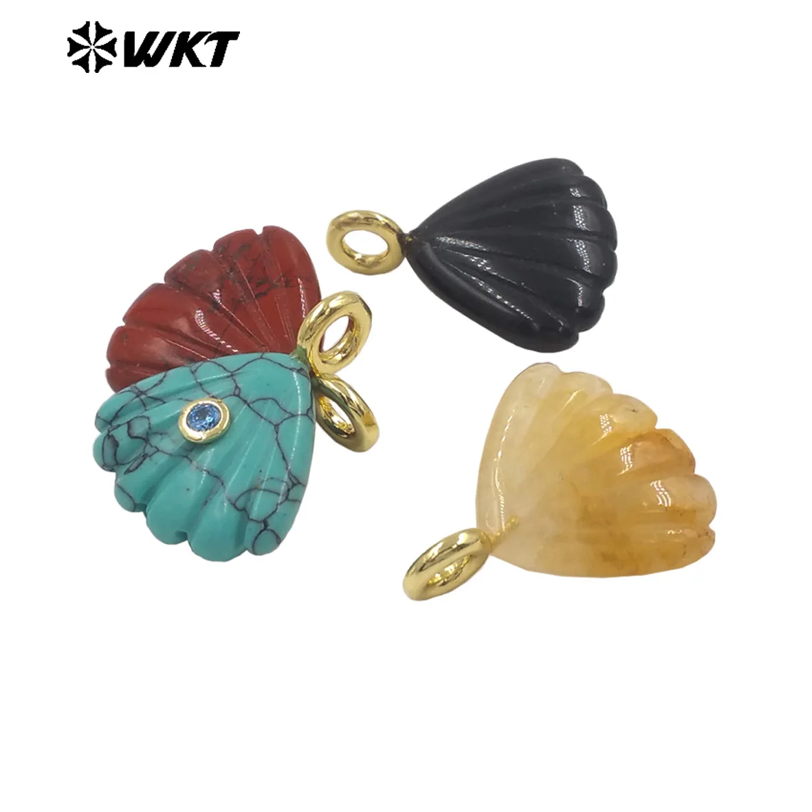 WT-P2054 Lovely And Vivid Fans Shell Shape Gemstone&Tiny Zircon Paved Pendant White Crystal Tiger Eye Stone Charms Findings