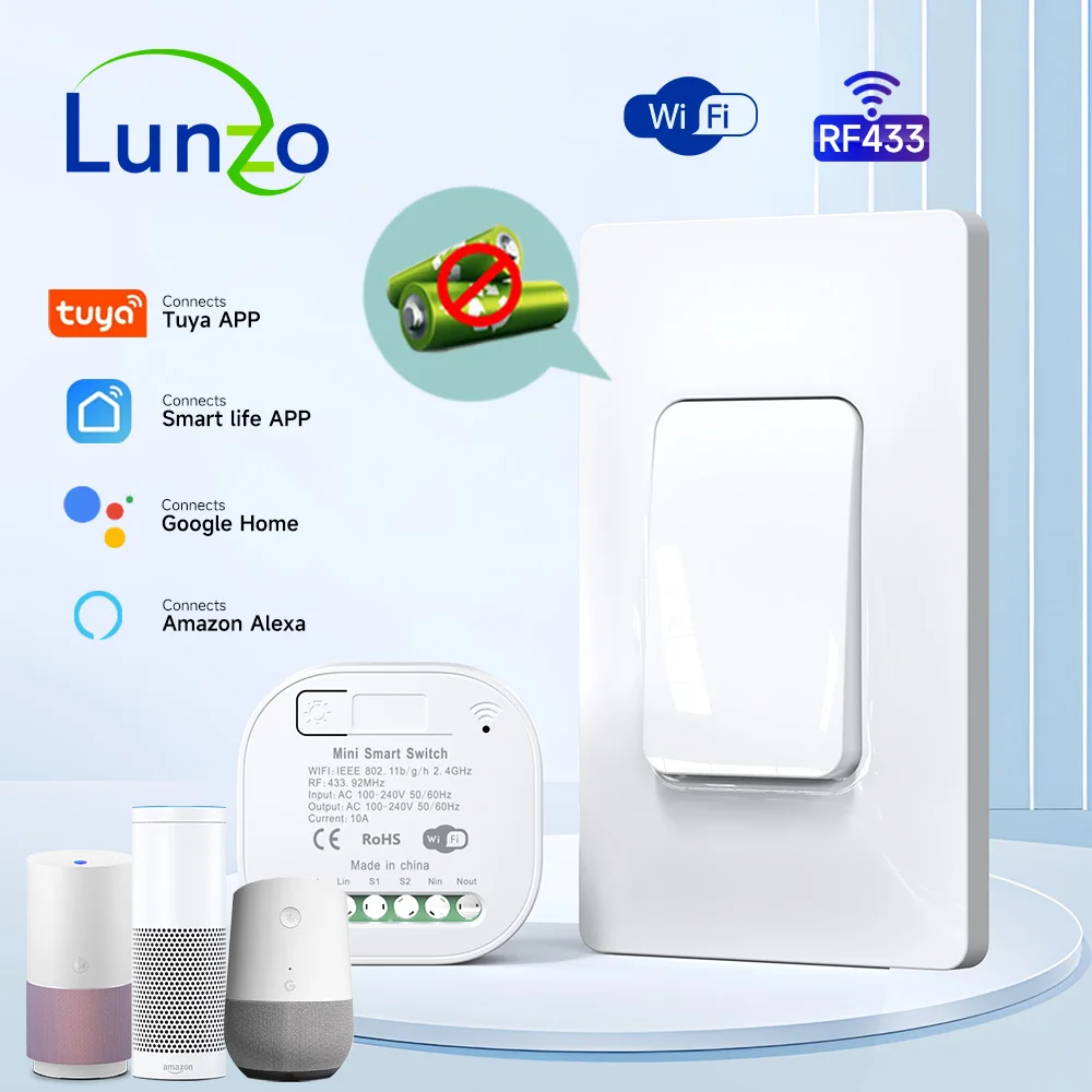 Tuya Smart Switches RF433 WiFi Wireless Remote Controller Timer No Battery Wall Panels Light Switch With Alexa Voice Control