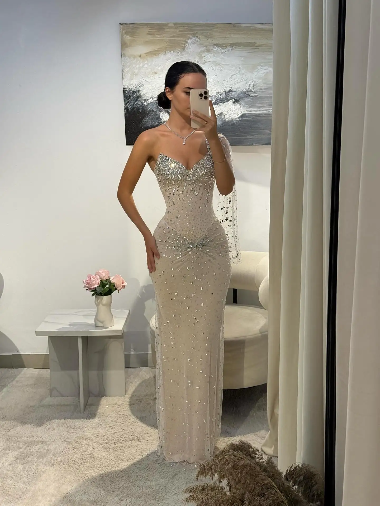 MisShow Abiti da sera con diamanti monospalla Perline di cristallo lucido Senza spalline in tulle con maniche ad aletta Abito da ballo Abiti lunghi a sirena