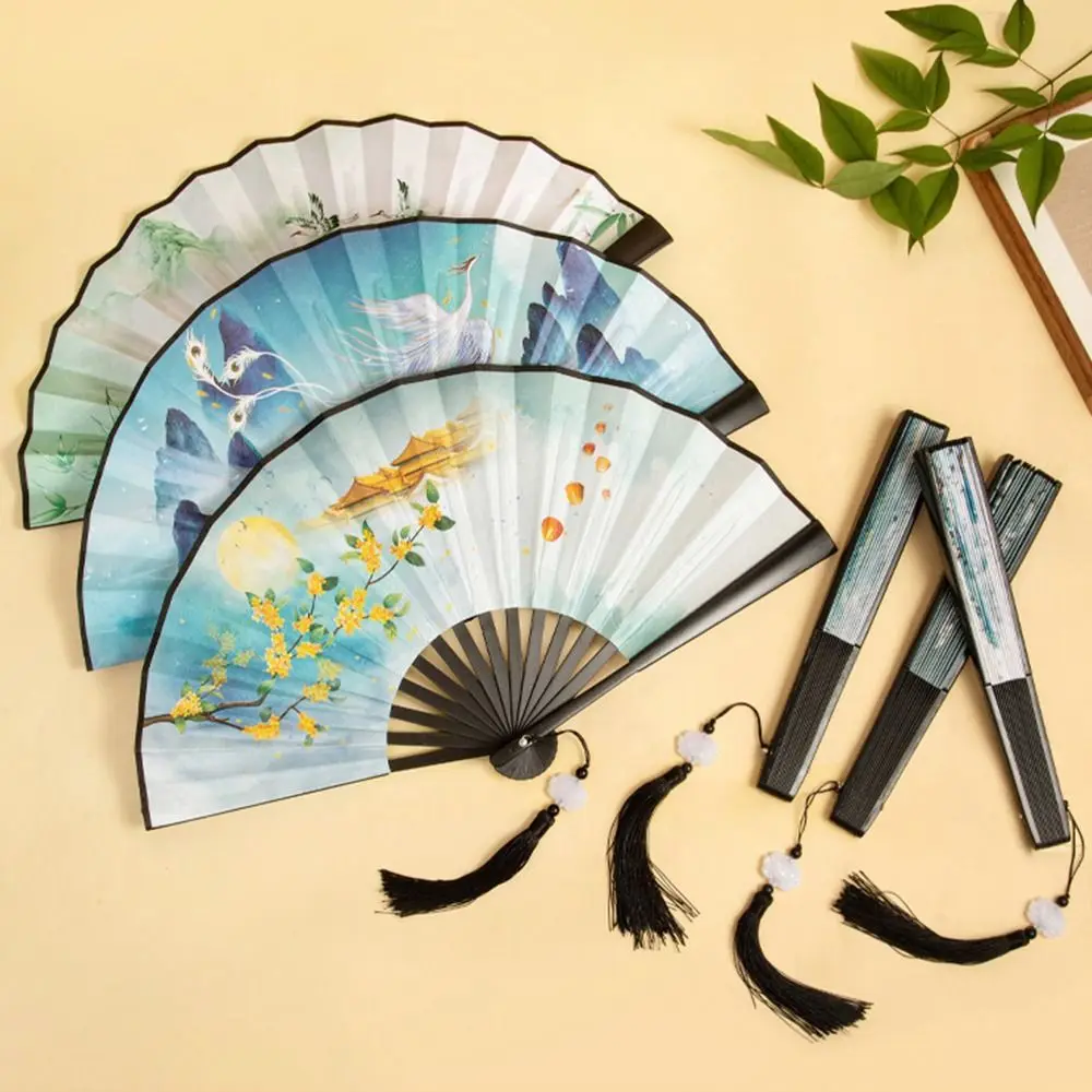 Outdoor Silk Vintage Folding Fan Bamboo Colorful Hand Fan Tassel Elegent Hand Fan Shank Classical Dance Fan Female