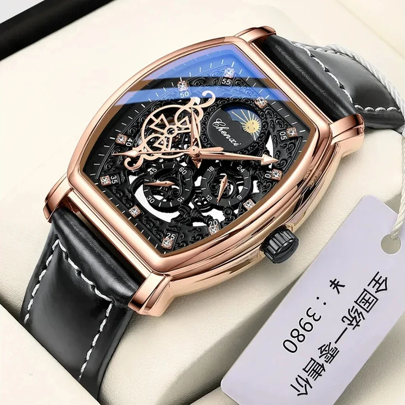 

Classic Men Tonneau Dial Automatic Moon Phase Watch Luxury Leather Waterproof Mechanical Watches for Man Fashion Skeleton Watch