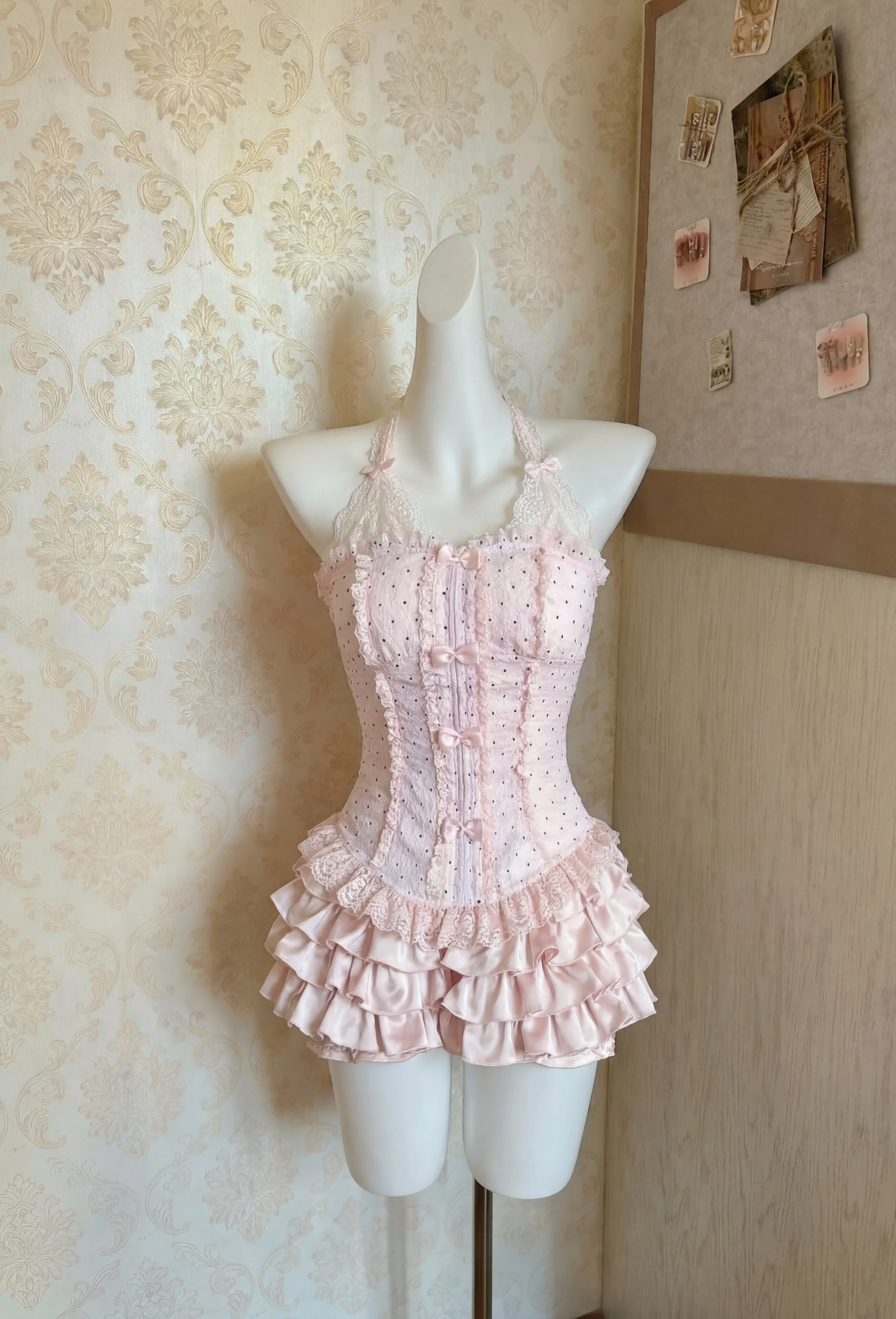 

Sweet Lolita Princess 2 Piece Set Women Summer Lace Corset Bow Trim Slim Tops Layered Ruffled Cake Mini Skirt Kawaii Cute Outfit