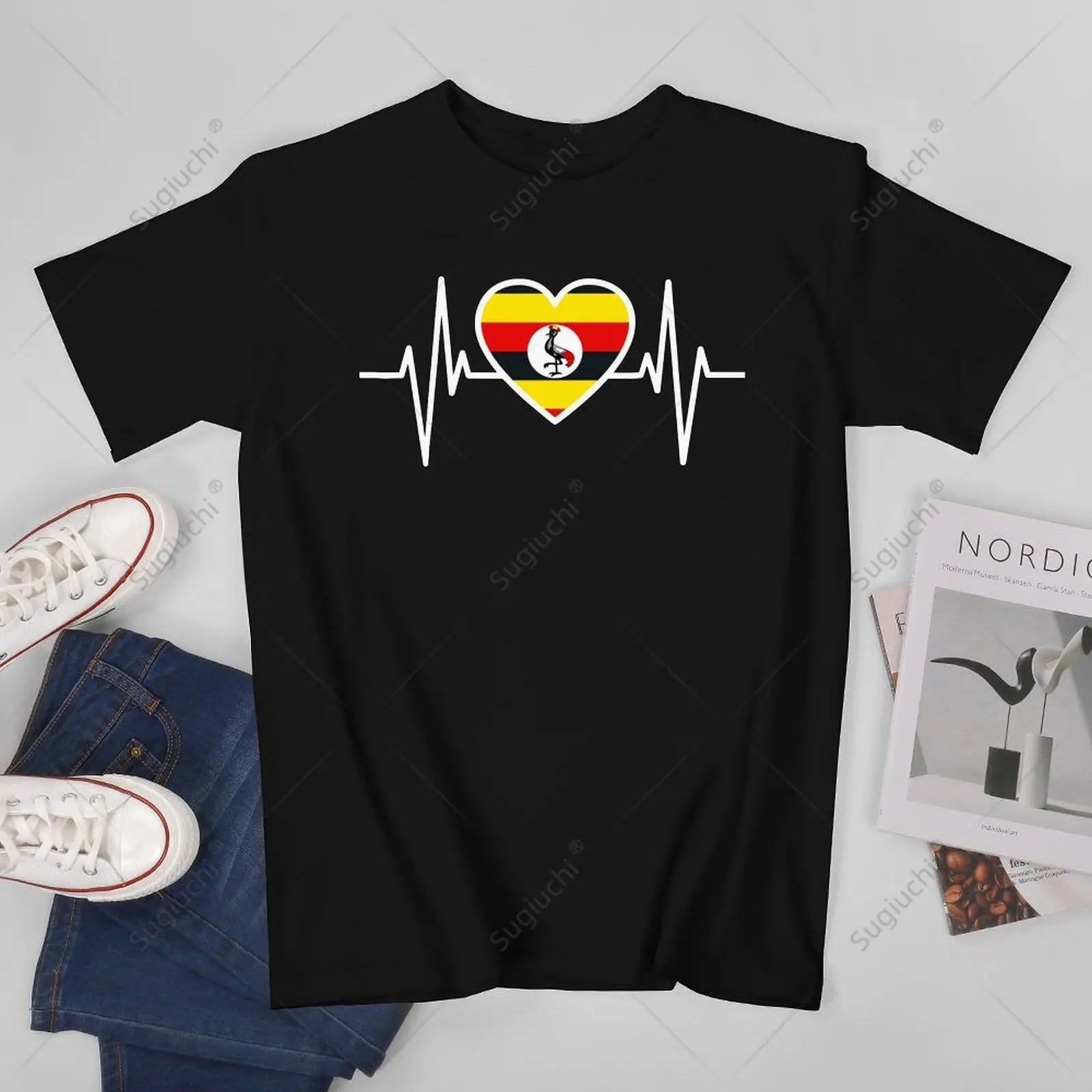 Unisex Men Heartbeat Design Ugandan Flag Uganda Heart Tshirt Tees T Shirts Women Boys 100% Cotton T-Shirt