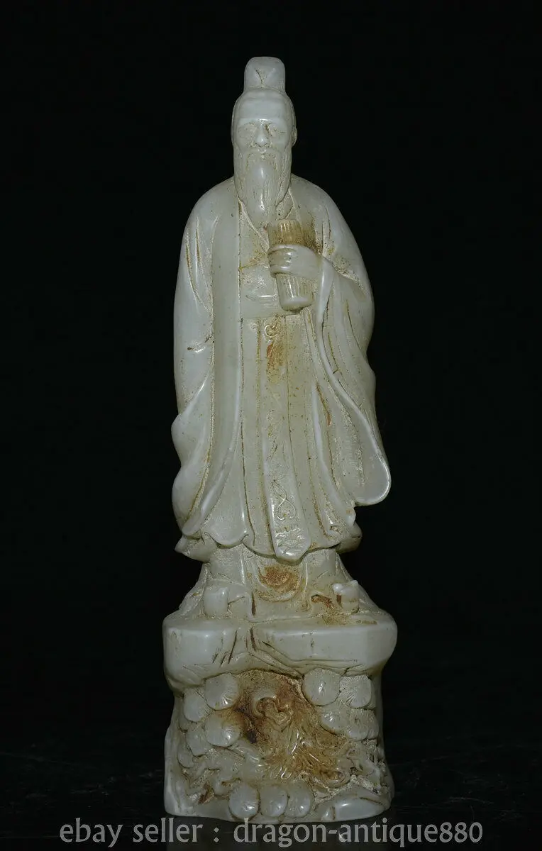 Sculpture en jade blanc de Chine de 8.4 pouces, statue d'un ancien savant éducateur idéologique